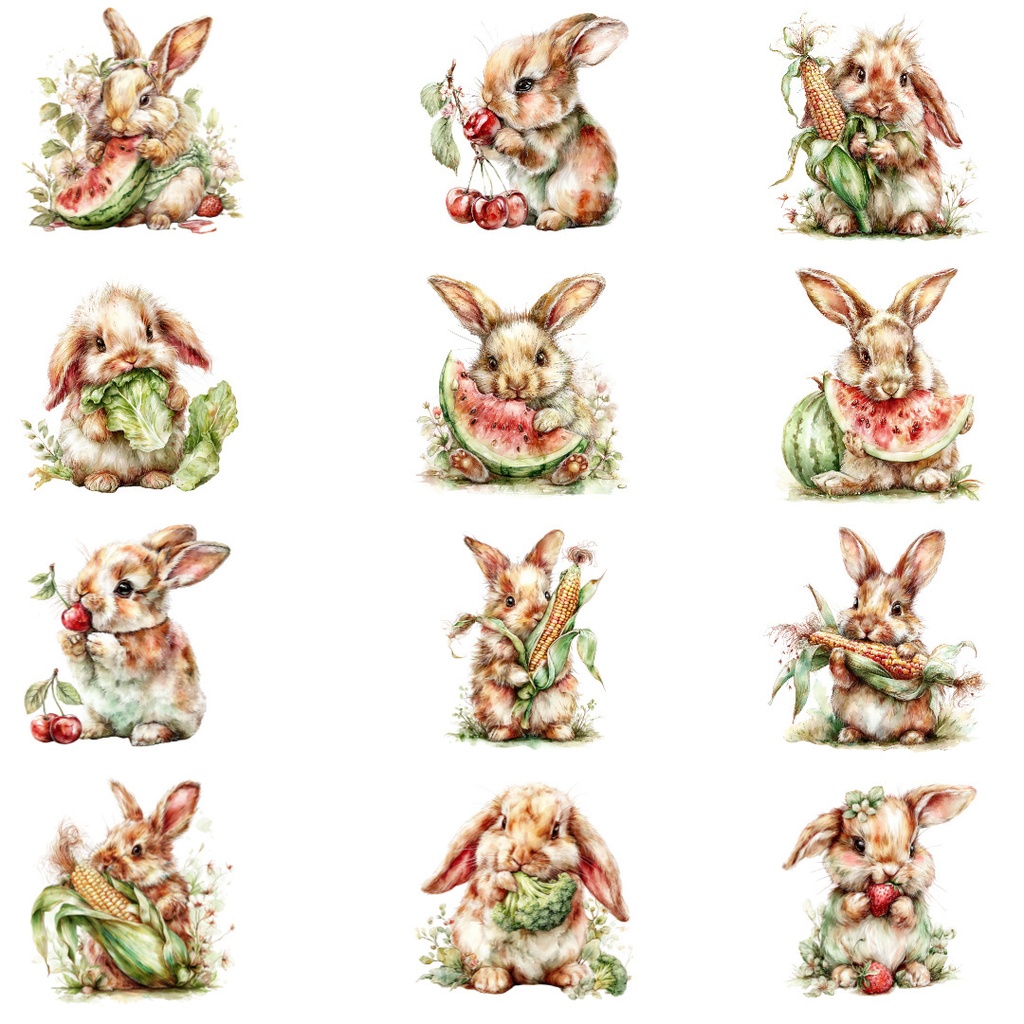 食べ物とうさぎのクリップアートPNG30点セット|水彩ラビット素材・可愛い動物イラスト・ジャンクジャーナル向け
