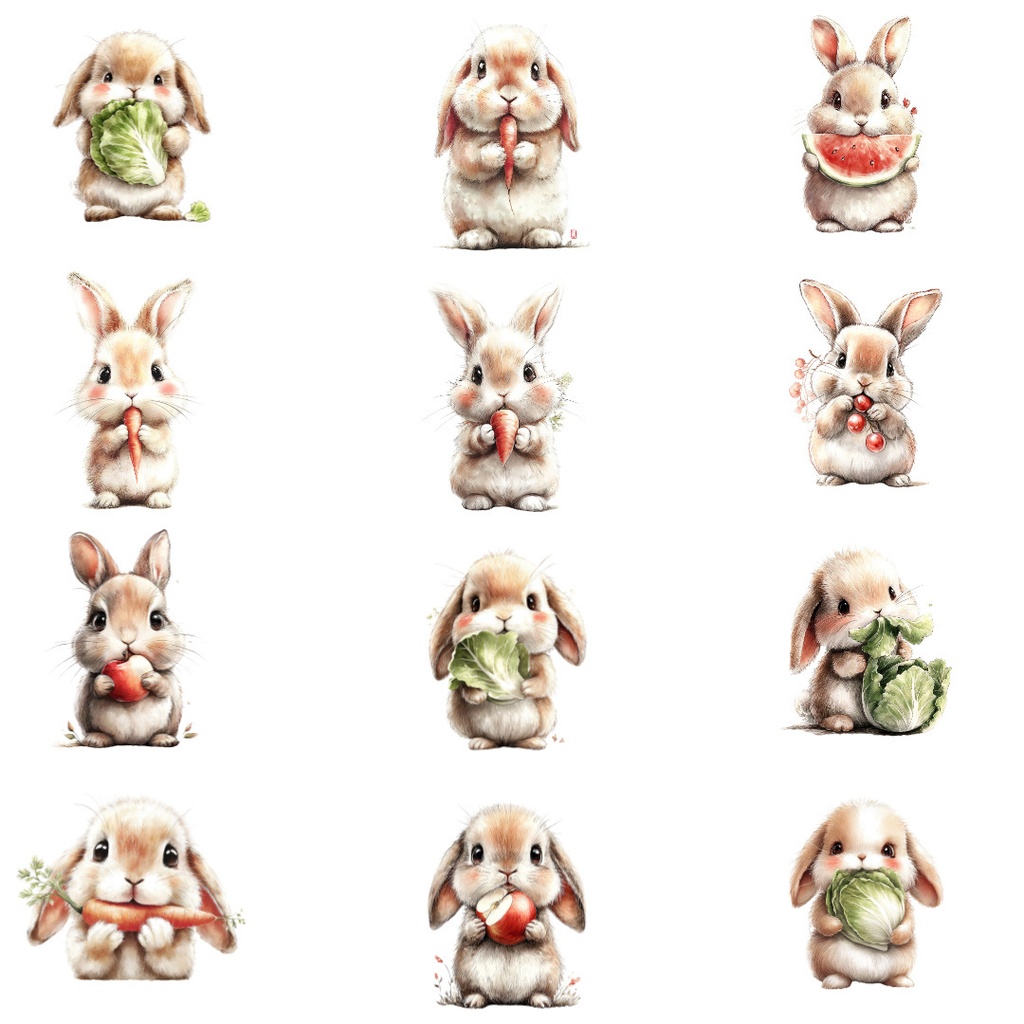 食べ物とうさぎのクリップアートPNG40点セット|水彩ラビット素材・可愛い動物イラスト・ジャンクジャーナル向け