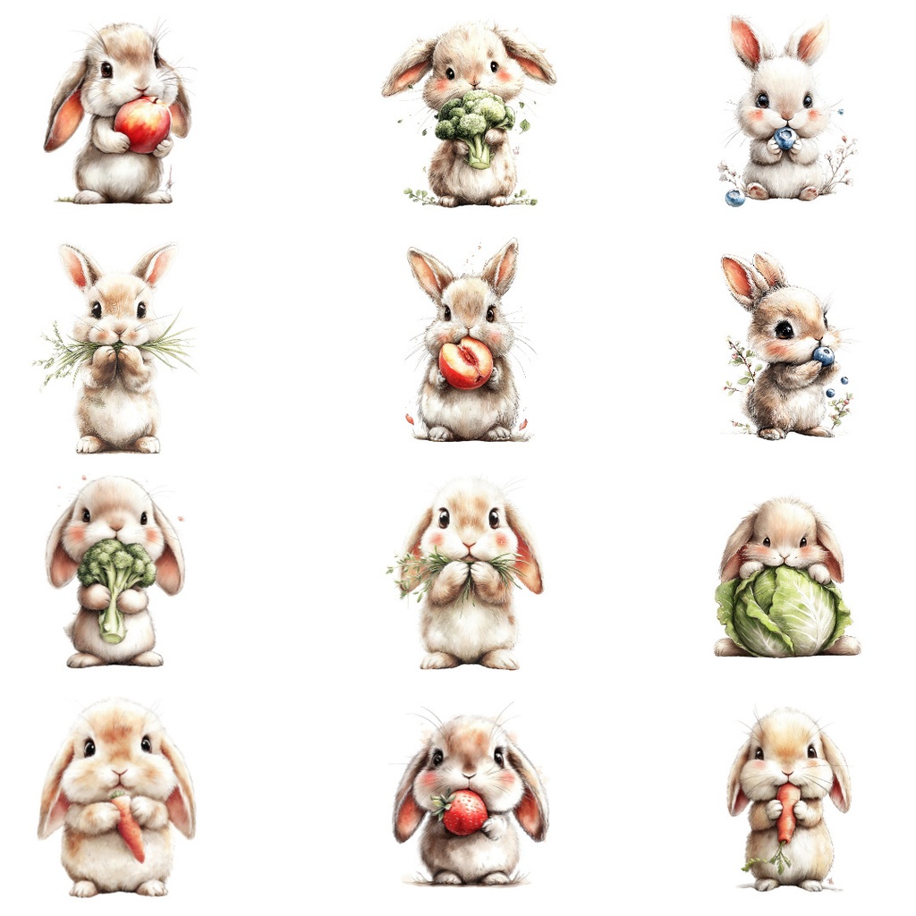 食べ物とうさぎのクリップアートPNG40点セット|水彩ラビット素材・可愛い動物イラスト・ジャンクジャーナル向け