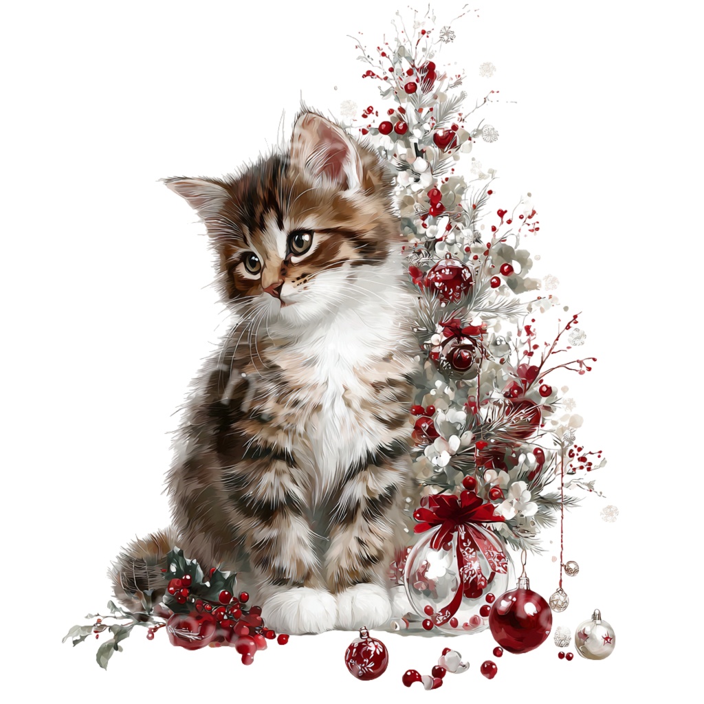 クリスマス子猫クリップアートPNG25点セット|水彩キャット素材・可愛いホリデーイラスト・ジャンクジャーナル向け