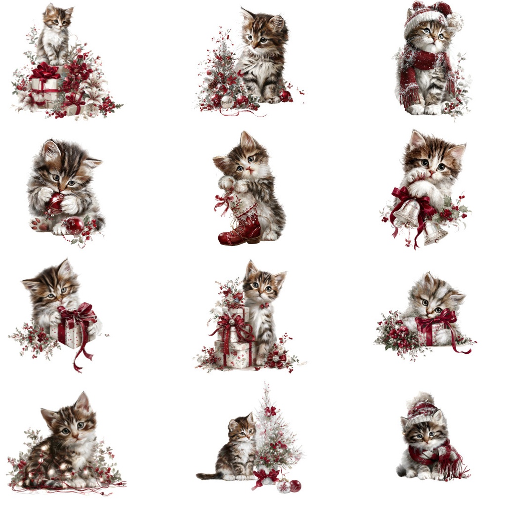 クリスマス子猫クリップアートPNG25点セット|水彩キャット素材・可愛いホリデーイラスト・ジャンクジャーナル向け