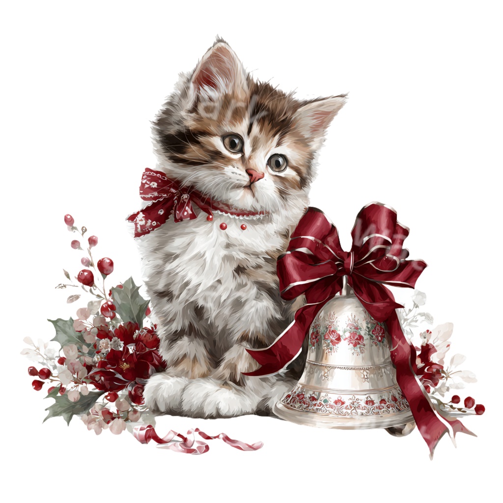 クリスマス子猫クリップアートPNG25点セット|水彩キャット素材・可愛いホリデーイラスト・ジャンクジャーナル向け