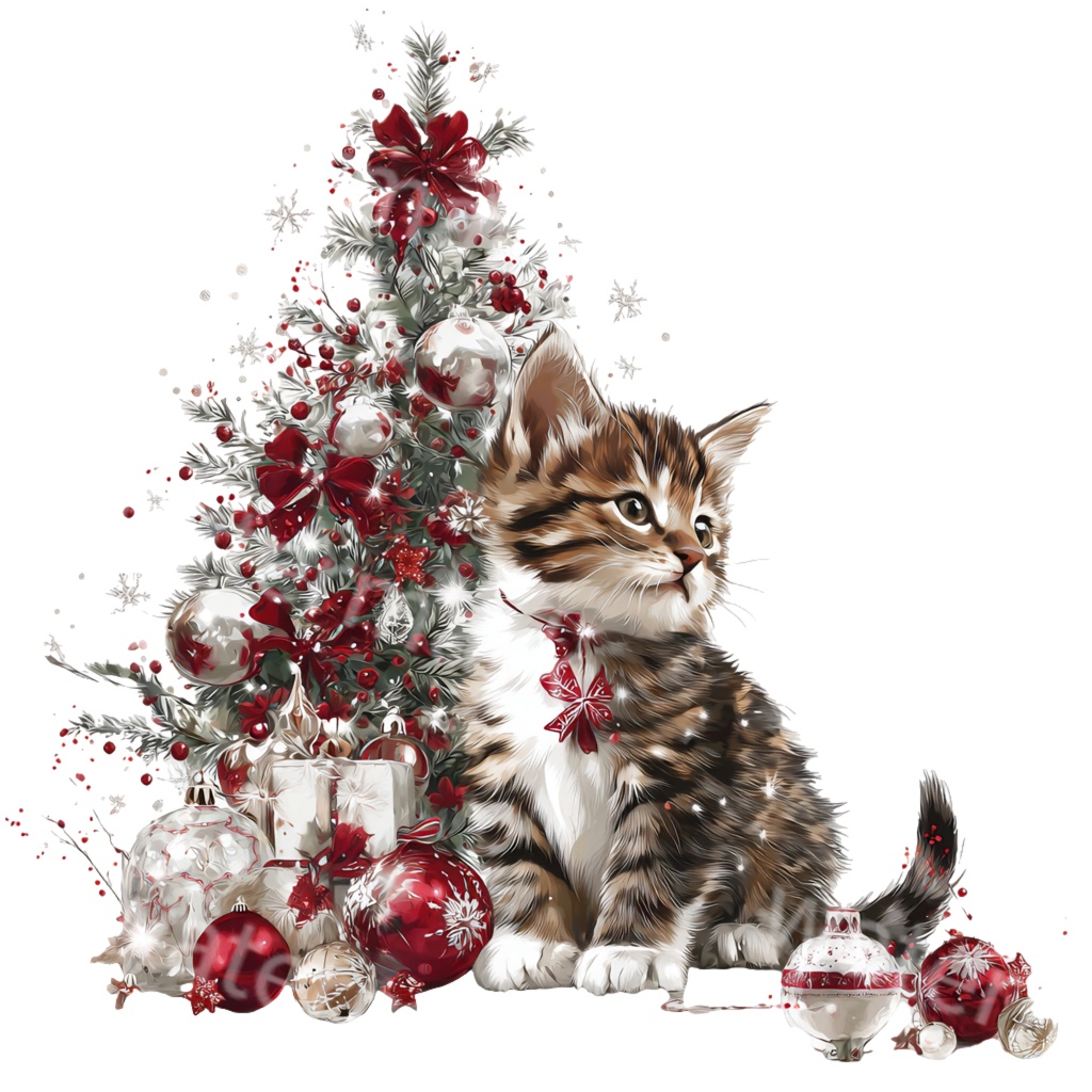クリスマス子猫クリップアートPNG25点セット|水彩キャット素材・可愛いホリデーイラスト・ジャンクジャーナル向け