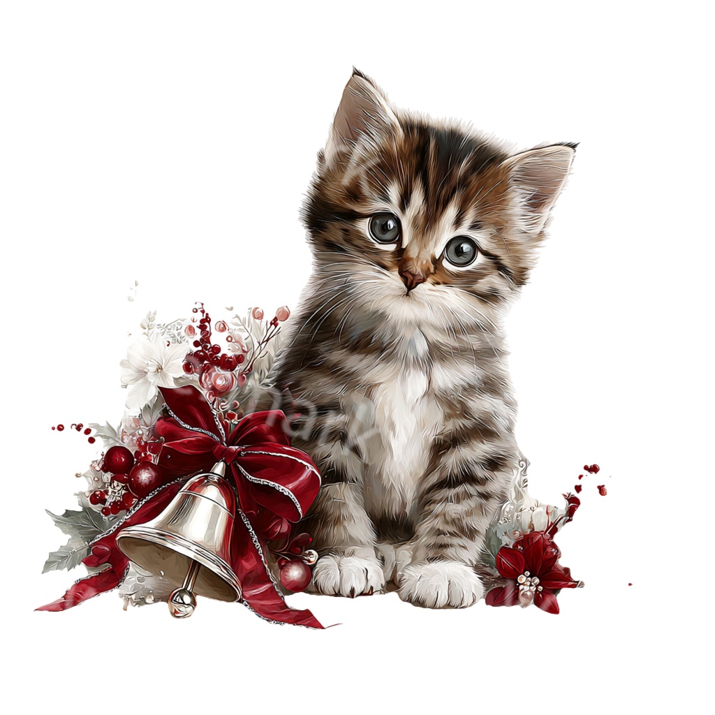 クリスマス子猫クリップアートPNG25点セット｜水彩キャット素材・可愛いホリデーイラスト・ジャンクジャーナル向け