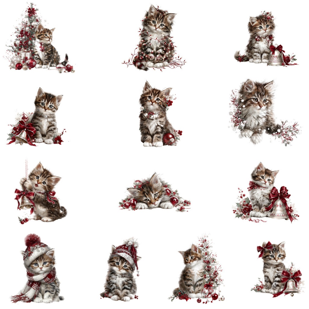 クリスマス子猫クリップアートPNG25点セット|水彩キャット素材・可愛いホリデーイラスト・ジャンクジャーナル向け