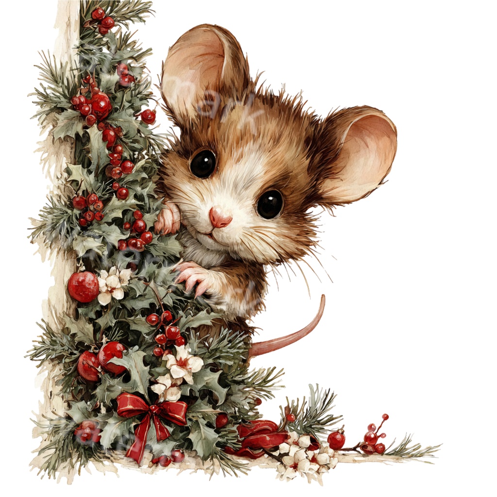 クリスマスねずみクリップアートPNG20点セット｜水彩マウス素材・可愛いホリデーアニマルイラスト・ジャンクジャーナル向け