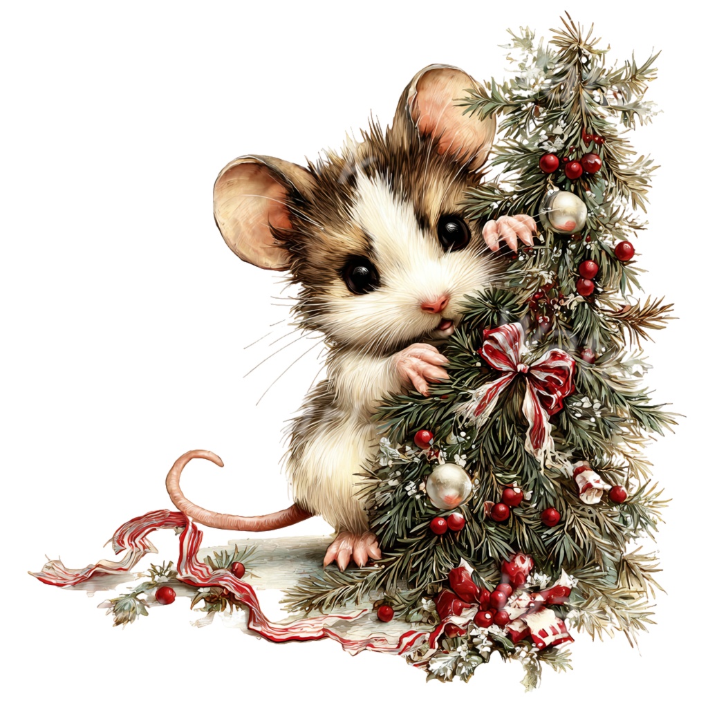 クリスマスねずみクリップアートPNG20点セット|水彩マウス素材・可愛いホリデーアニマルイラスト・ジャンクジャーナル向け