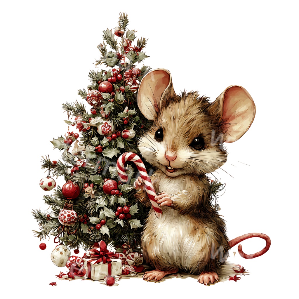 クリスマスねずみクリップアートPNG20点セット|水彩マウス素材・可愛いホリデーアニマルイラスト・ジャンクジャーナル向け