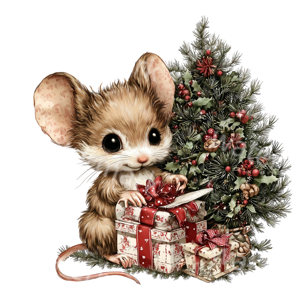 クリスマスねずみクリップアートPNG20点セット|水彩マウス素材・可愛いホリデーアニマルイラスト・ジャンクジャーナル向け