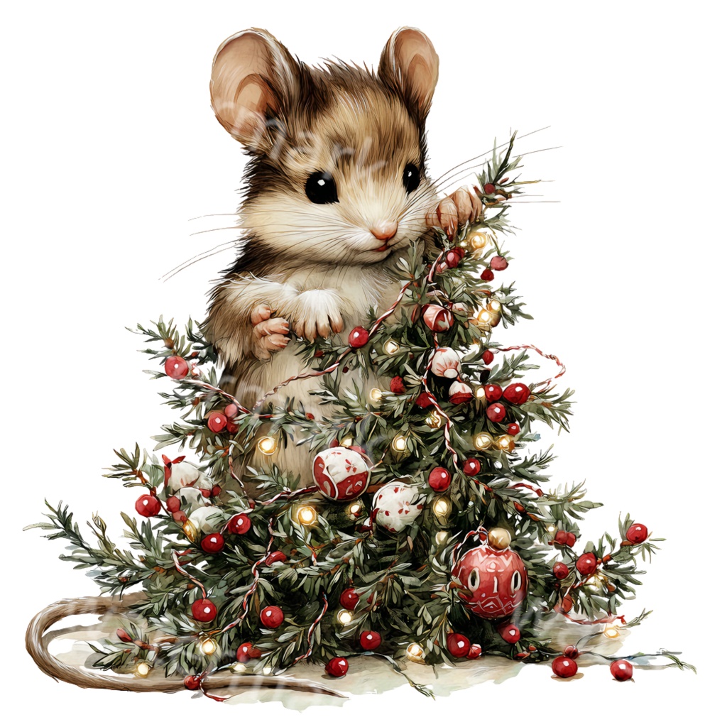 クリスマスねずみクリップアートPNG20点セット|水彩マウス素材・可愛いホリデーアニマルイラスト・ジャンクジャーナル向け