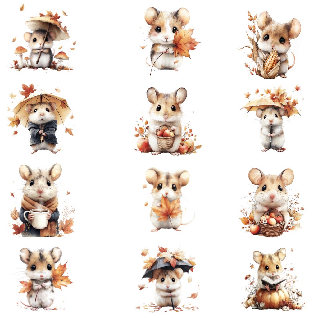 秋のねずみクリップアートPNG36点セット|水彩ウッドランドマウス素材・可愛い動物イラスト・ジャンクジャーナル向け