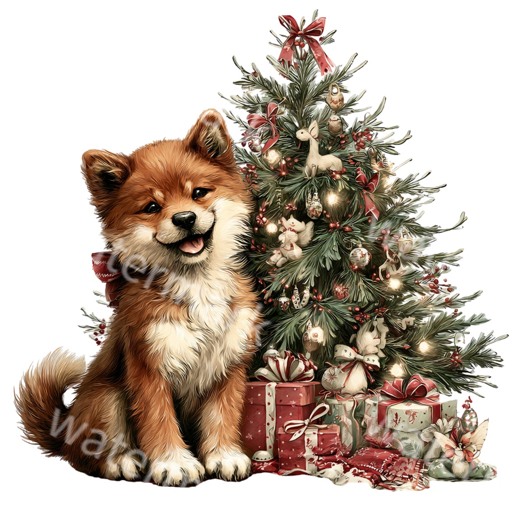 クリスマス柴犬クリップアートPNG15点セット｜水彩わんこ素材・可愛いホリデードッグイラスト・ジャンクジャーナル向け