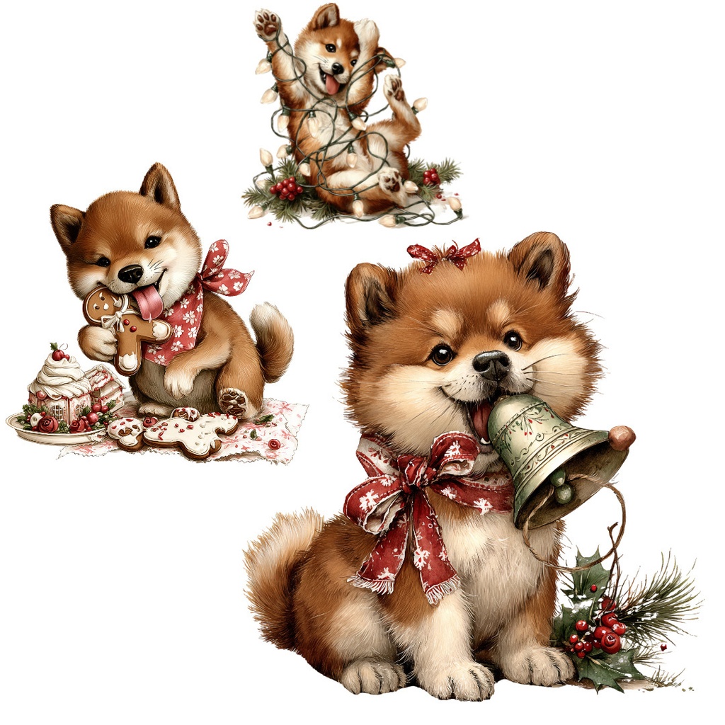 クリスマス柴犬クリップアートPNG15点セット|水彩わんこ素材・可愛いホリデードッグイラスト・ジャンクジャーナル向け