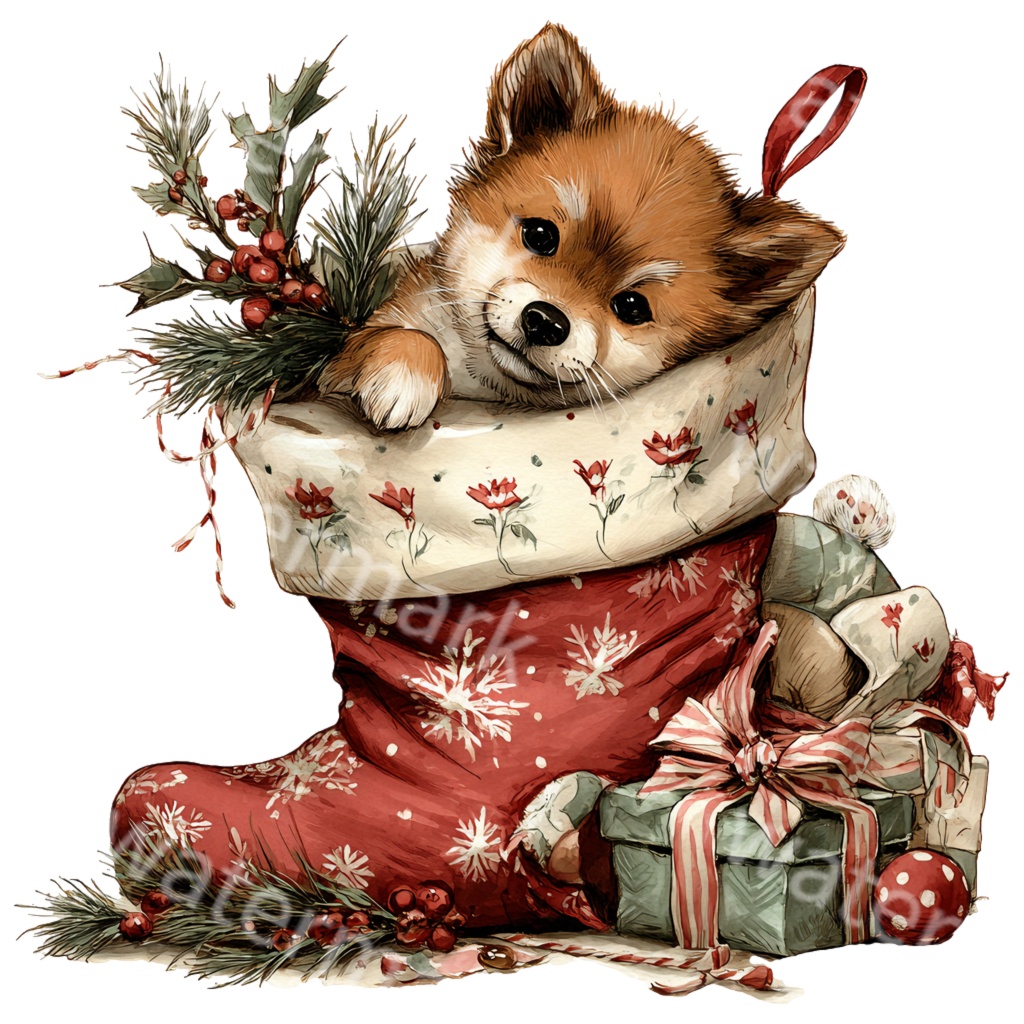 クリスマス柴犬クリップアートPNG15点セット|水彩わんこ素材・可愛いホリデードッグイラスト・ジャンクジャーナル向け