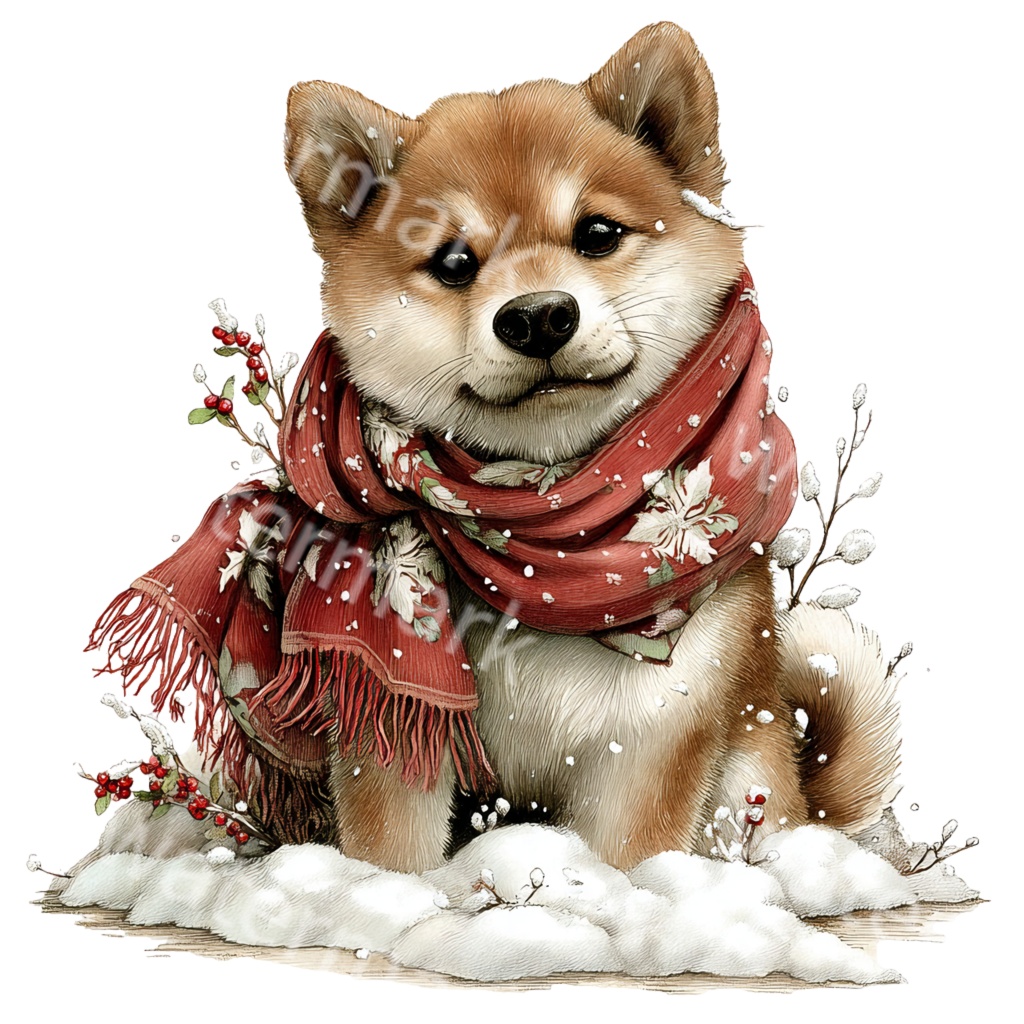 クリスマス柴犬クリップアートPNG15点セット|水彩わんこ素材・可愛いホリデードッグイラスト・ジャンクジャーナル向け