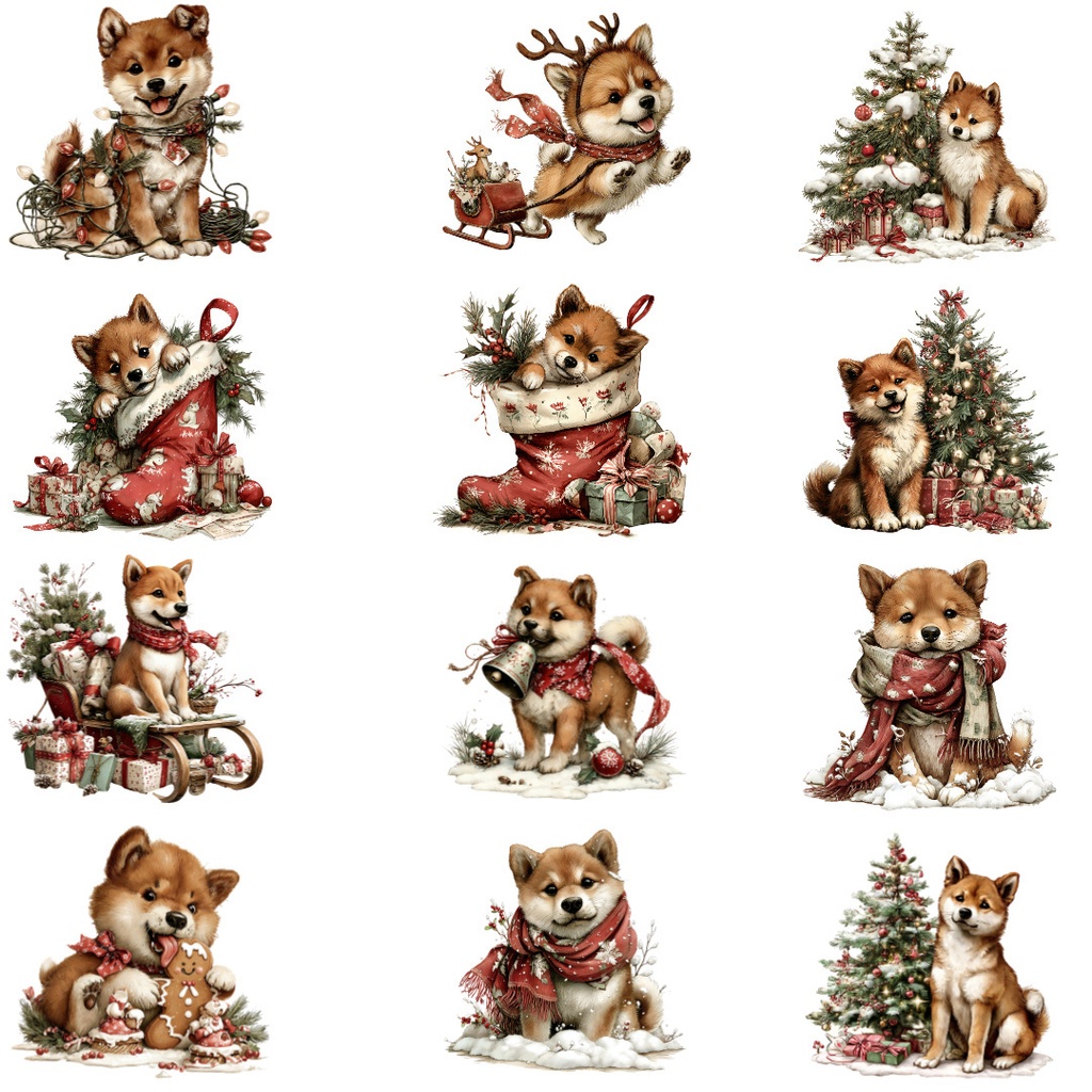 クリスマス柴犬クリップアートPNG15点セット|水彩わんこ素材・可愛いホリデードッグイラスト・ジャンクジャーナル向け