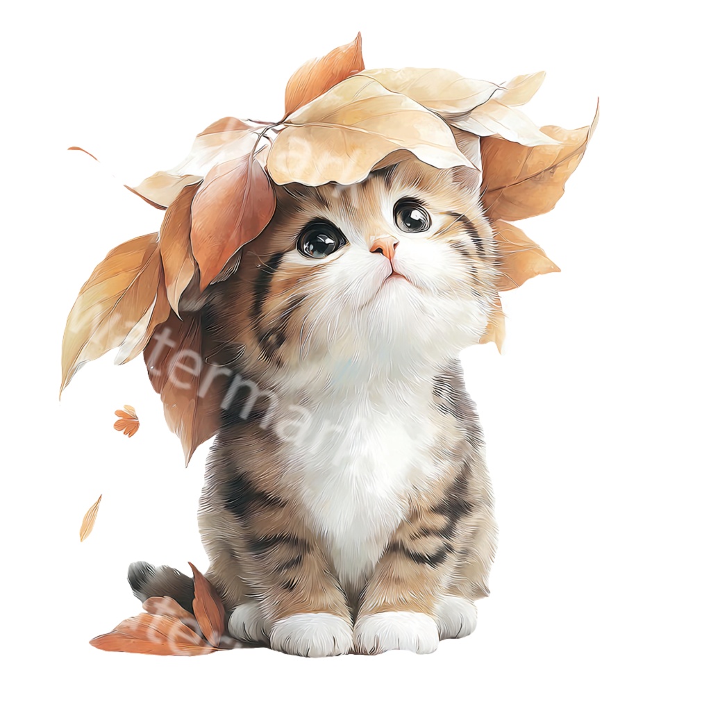 秋の子猫クリップアートPNG39点セット|水彩キャット素材・可愛い秋の動物イラスト・ジャンクジャーナル向け