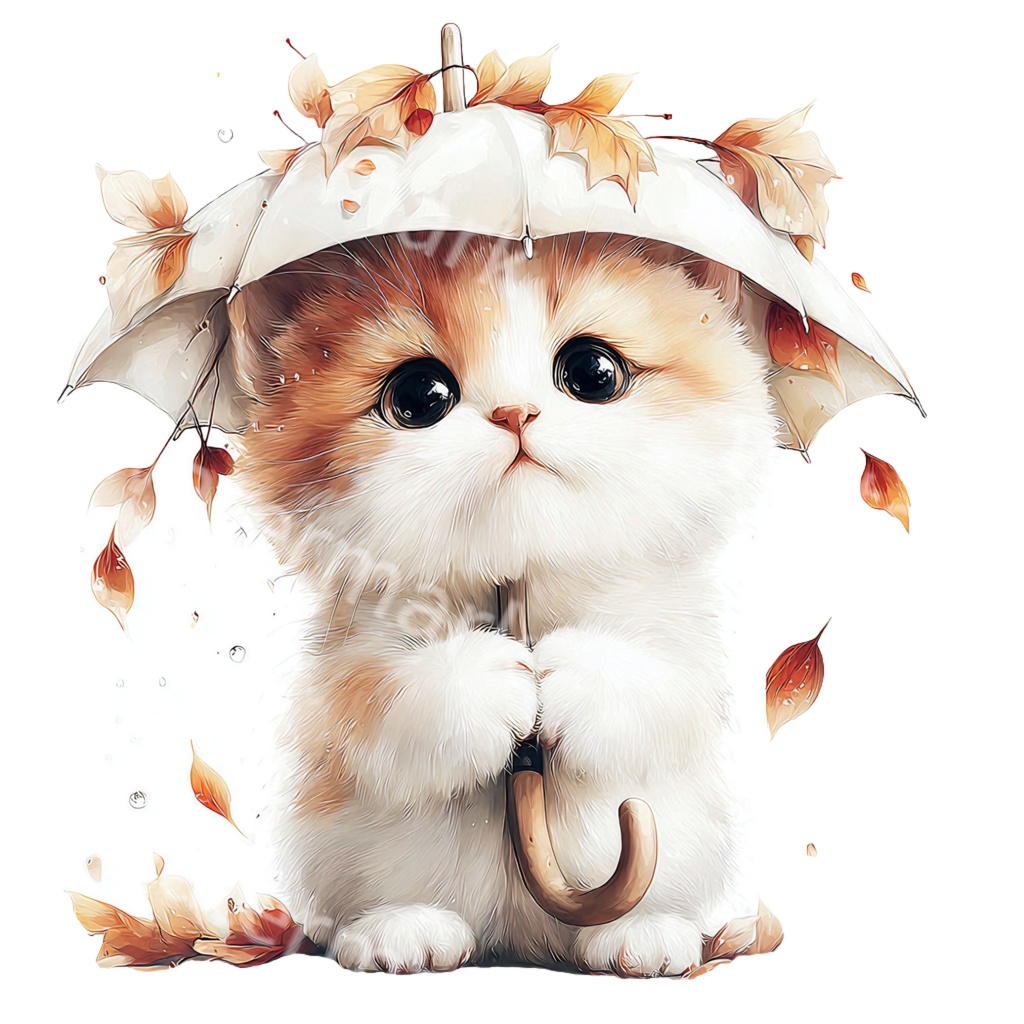 秋の子猫クリップアートPNG39点セット｜水彩キャット素材・可愛い秋の動物イラスト・ジャンクジャーナル向け