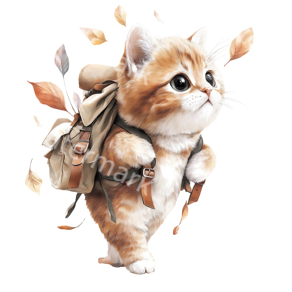 秋の子猫クリップアートPNG39点セット|水彩キャット素材・可愛い秋の動物イラスト・ジャンクジャーナル向け