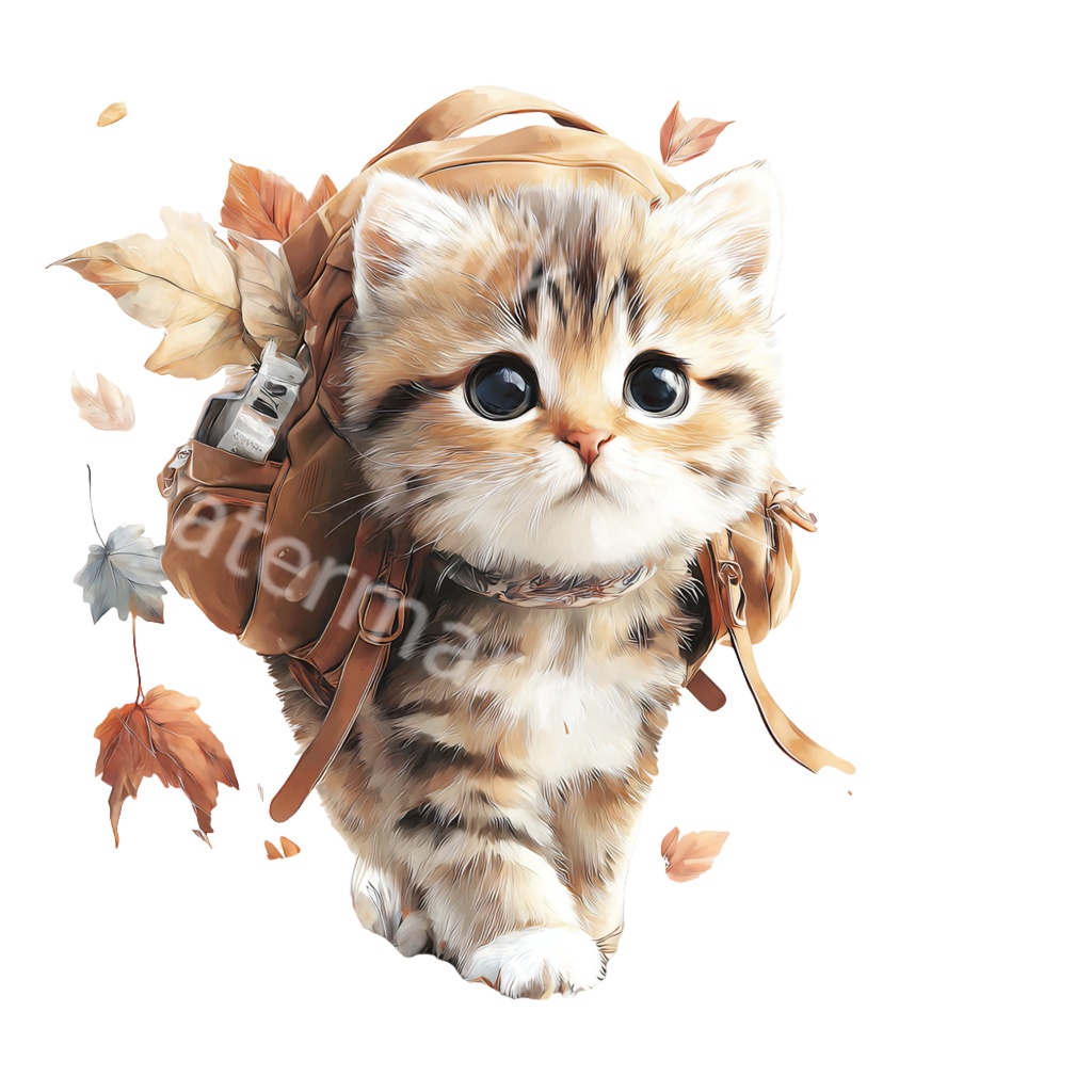 秋の子猫クリップアートPNG39点セット|水彩キャット素材・可愛い秋の動物イラスト・ジャンクジャーナル向け