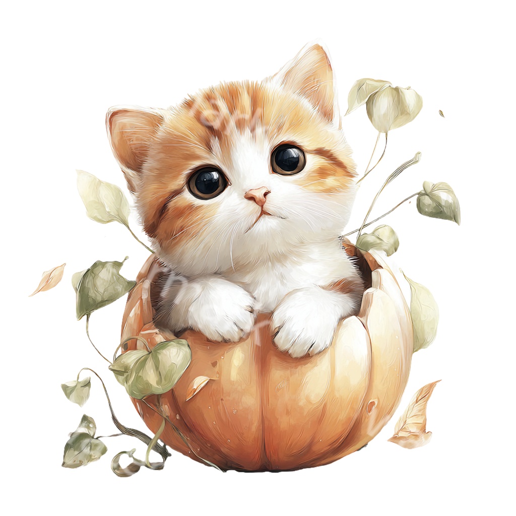秋の子猫クリップアートPNG39点セット|水彩キャット素材・可愛い秋の動物イラスト・ジャンクジャーナル向け