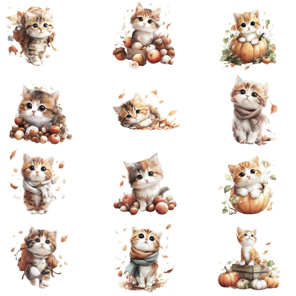 秋の子猫クリップアートPNG39点セット|水彩キャット素材・可愛い秋の動物イラスト・ジャンクジャーナル向け