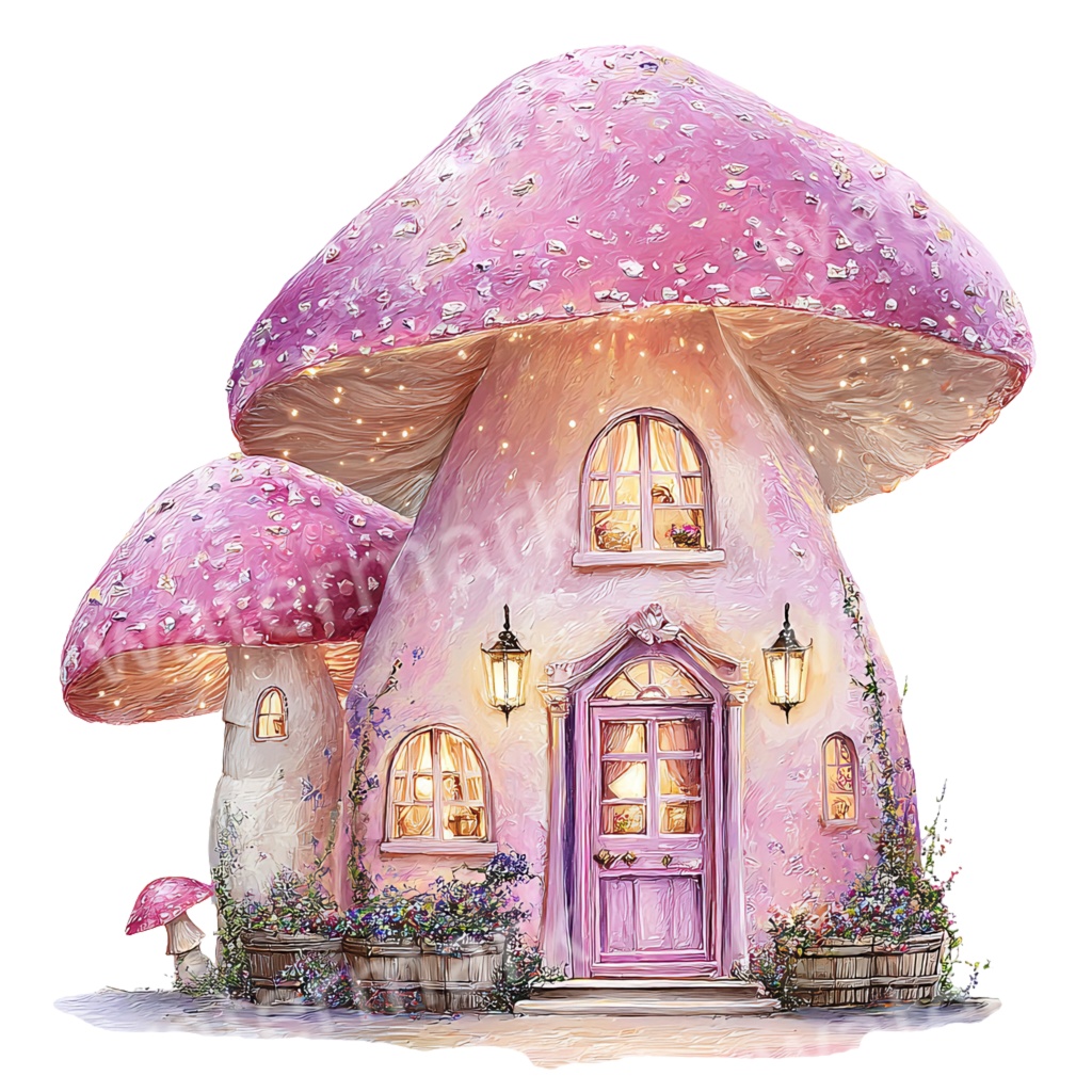 妖精のきのこの家クリップアートPNG19点セット|水彩ファンタジーコテージ素材・メルヘン童話イラスト・ジャンクジャーナル向け