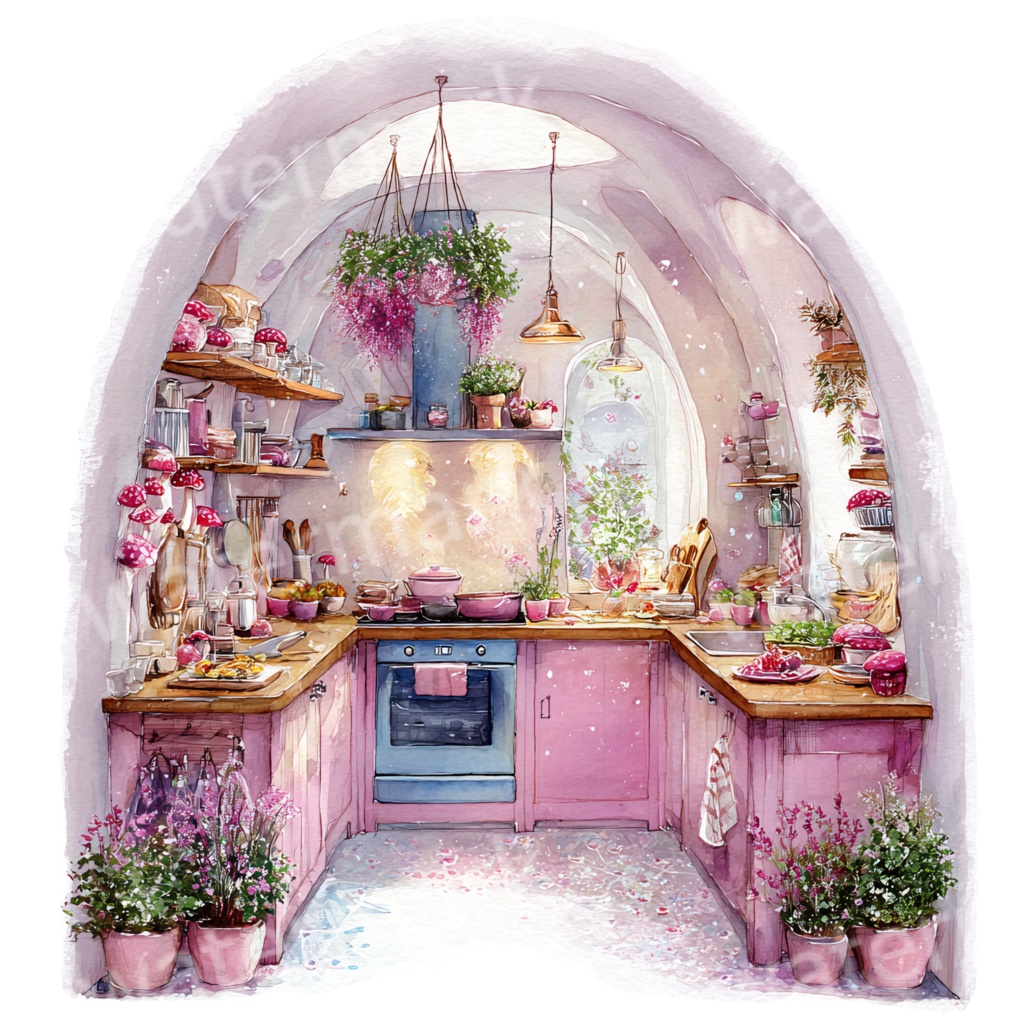 きのこの家インテリアクリップアートPNG16点セット|水彩ファンタジー素材・童話風ルームイラスト・ジャンクジャーナル向け