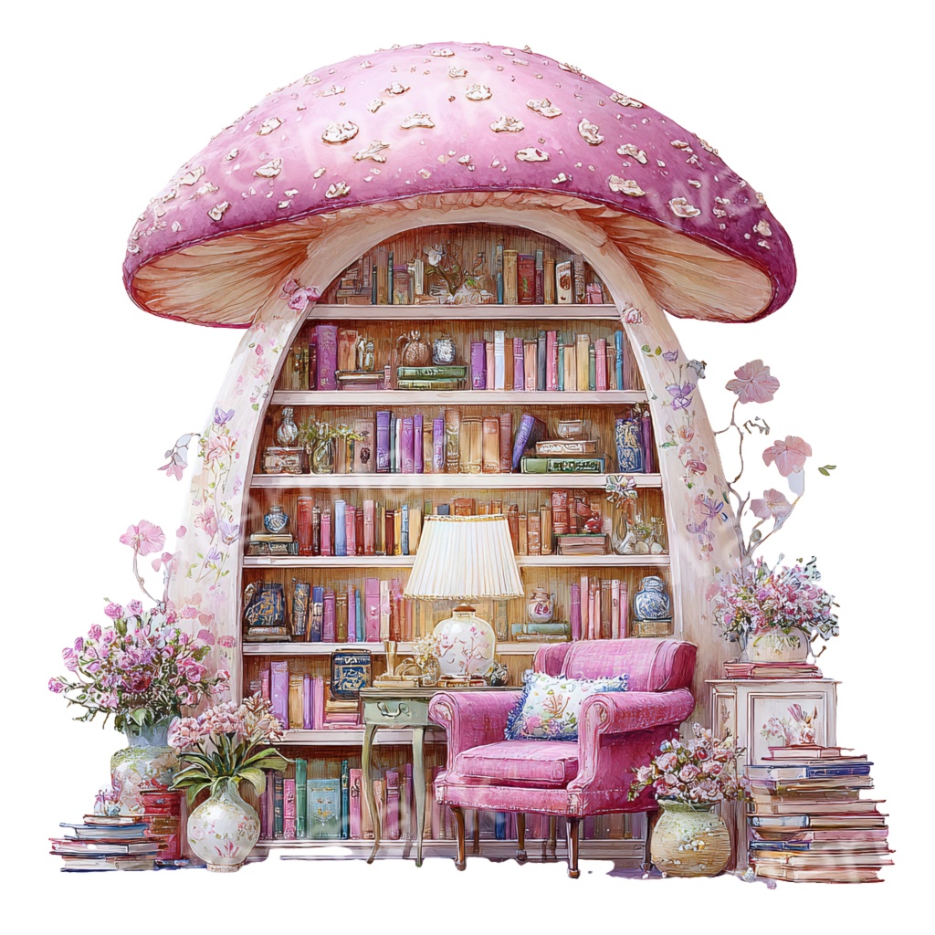 きのこの家インテリアクリップアートPNG16点セット｜水彩ファンタジー素材・童話風ルームイラスト・ジャンクジャーナル向け
