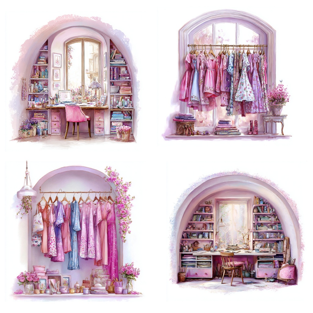 プリンセスルームクリップアートJPG40点セット|水彩ファンタジーインテリア素材・メルヘンなお部屋イラスト・ジャンクジャーナル向け
