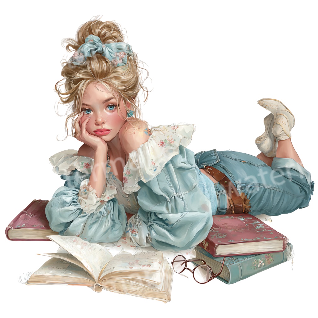 本を読む女の子クリップアートPNG20点セット|水彩読書イラスト・本好き素材・ジャンクジャーナル向け