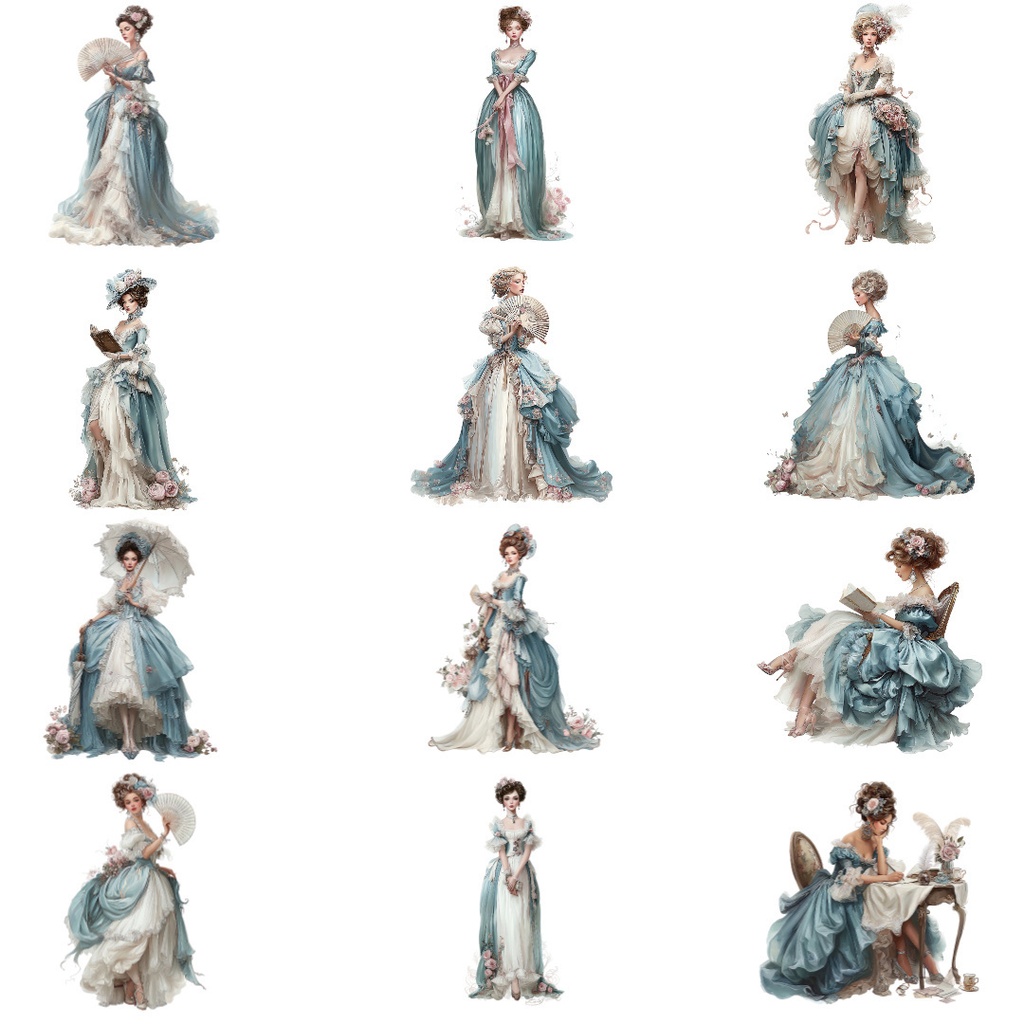 【商用可】ヴィクトリア朝の貴婦人クリップアートPNG40点セット|水彩クラシカル素材・エレガントな女性イラスト・ジャンクジャーナル向け