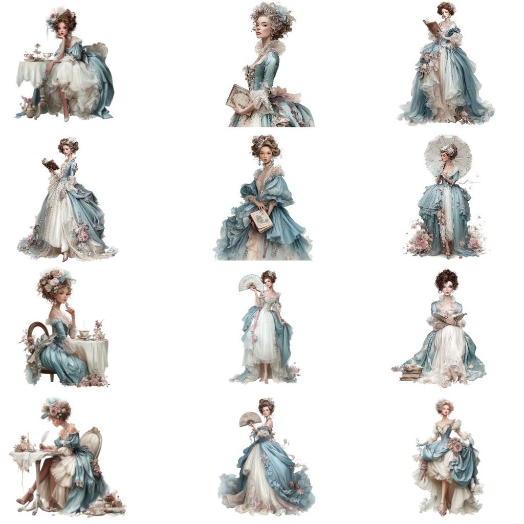 【商用可】ヴィクトリア朝の貴婦人クリップアートPNG40点セット|水彩クラシカル素材・エレガントな女性イラスト・ジャンクジャーナル向け