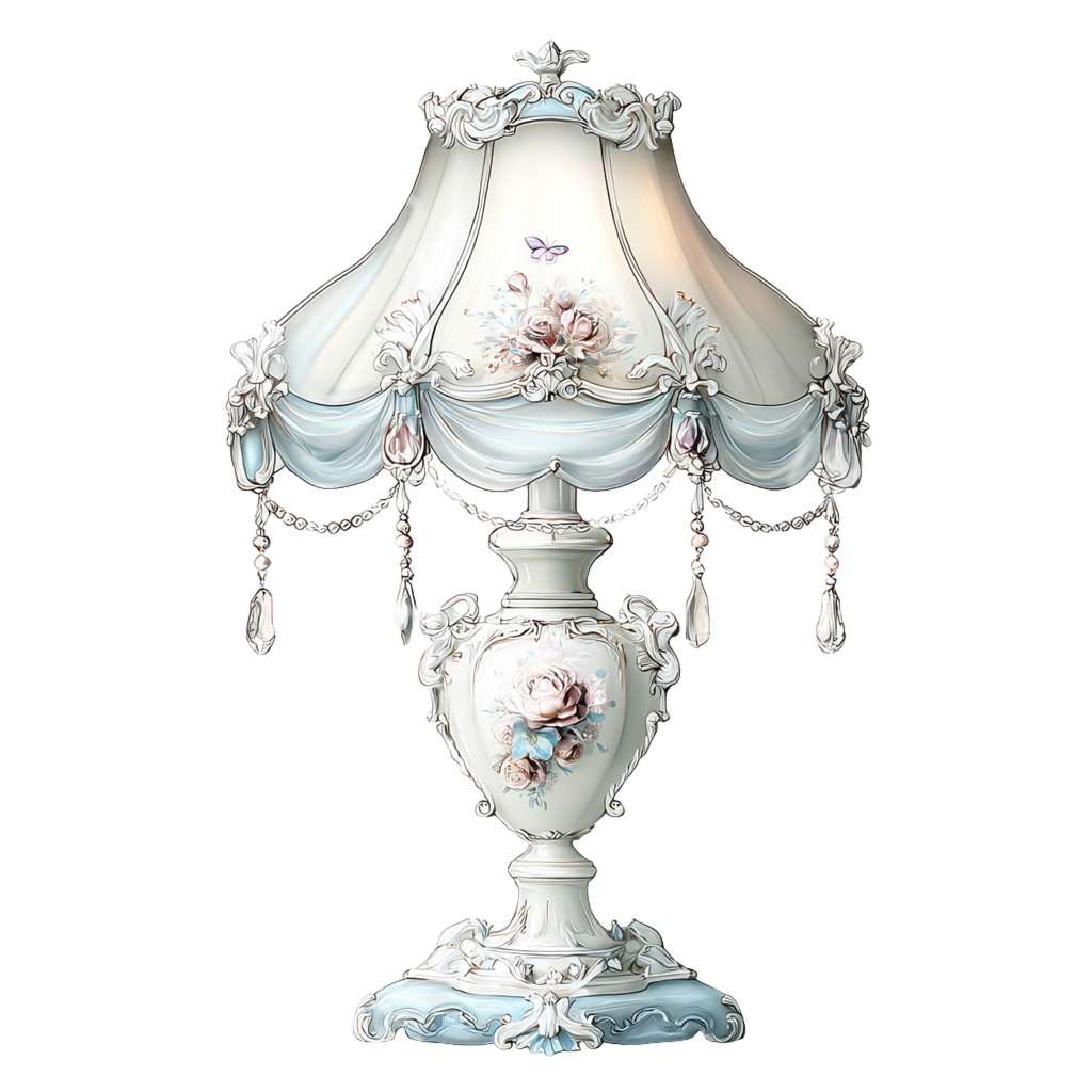 【商用利用OK】花柄の陶器テーブルランプイラストJPG20点セット｜水彩インテリア素材・コラージュ・手帳デコ向け