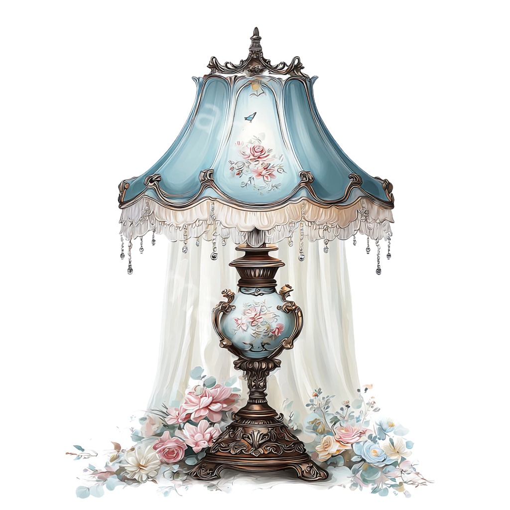 【商用利用OK】花柄の陶器テーブルランプイラストJPG20点セット|水彩インテリア素材・コラージュ・手帳デコ向け