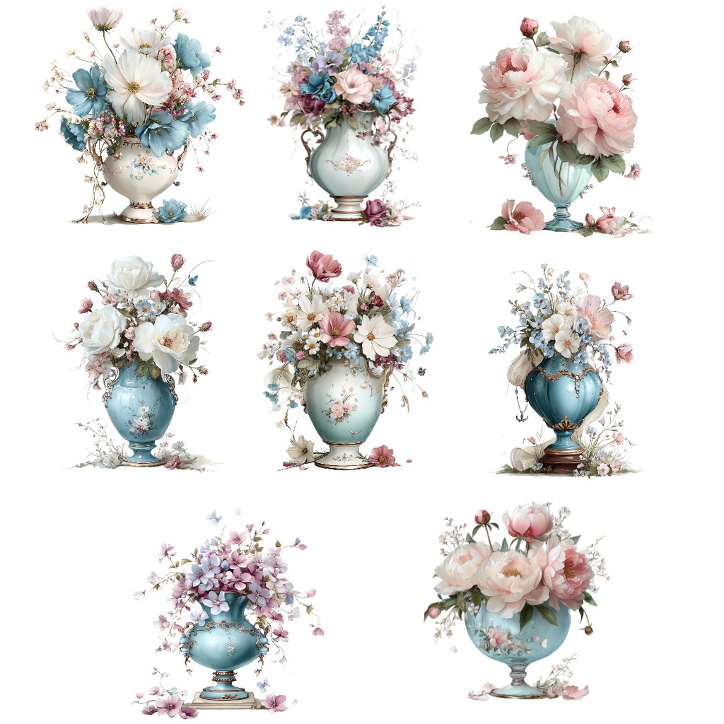 【商用利用OK】ピオニーの花瓶イラストJPG20点セット|水彩フラワー素材・ロマンチックな花飾り・ジャンクジャーナル向け