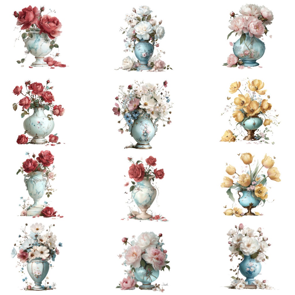 【商用利用OK】ピオニーの花瓶イラストJPG20点セット|水彩フラワー素材・ロマンチックな花飾り・ジャンクジャーナル向け