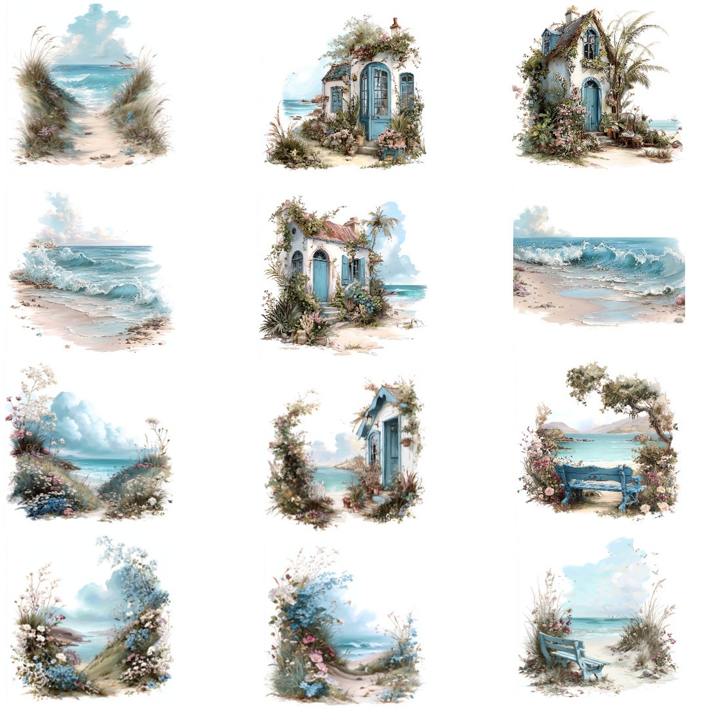 【商用利用OK】海辺の風景クリップアートJPG40点セット|水彩シーサイド素材・自然風景イラスト・ジャンクジャーナル向け