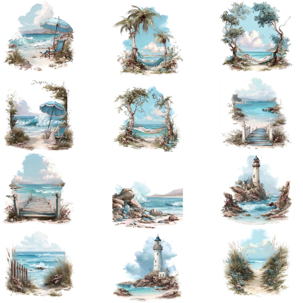 【商用利用OK】海辺の風景クリップアートJPG40点セット|水彩シーサイド素材・自然風景イラスト・ジャンクジャーナル向け