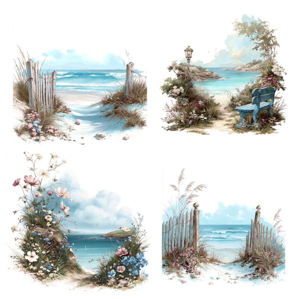 【商用利用OK】海辺の風景クリップアートJPG40点セット|水彩シーサイド素材・自然風景イラスト・ジャンクジャーナル向け