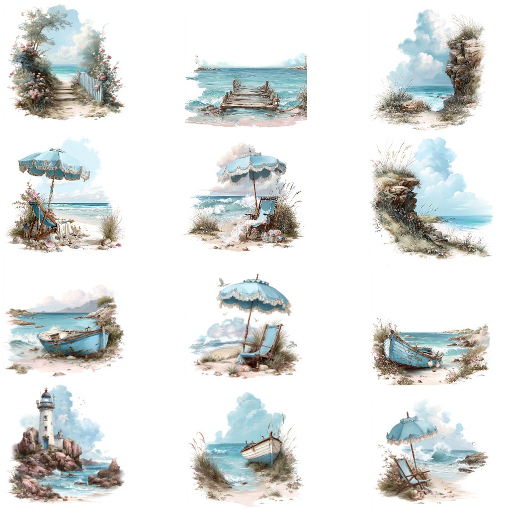 【商用利用OK】海辺の風景クリップアートJPG40点セット|水彩シーサイド素材・自然風景イラスト・ジャンクジャーナル向け