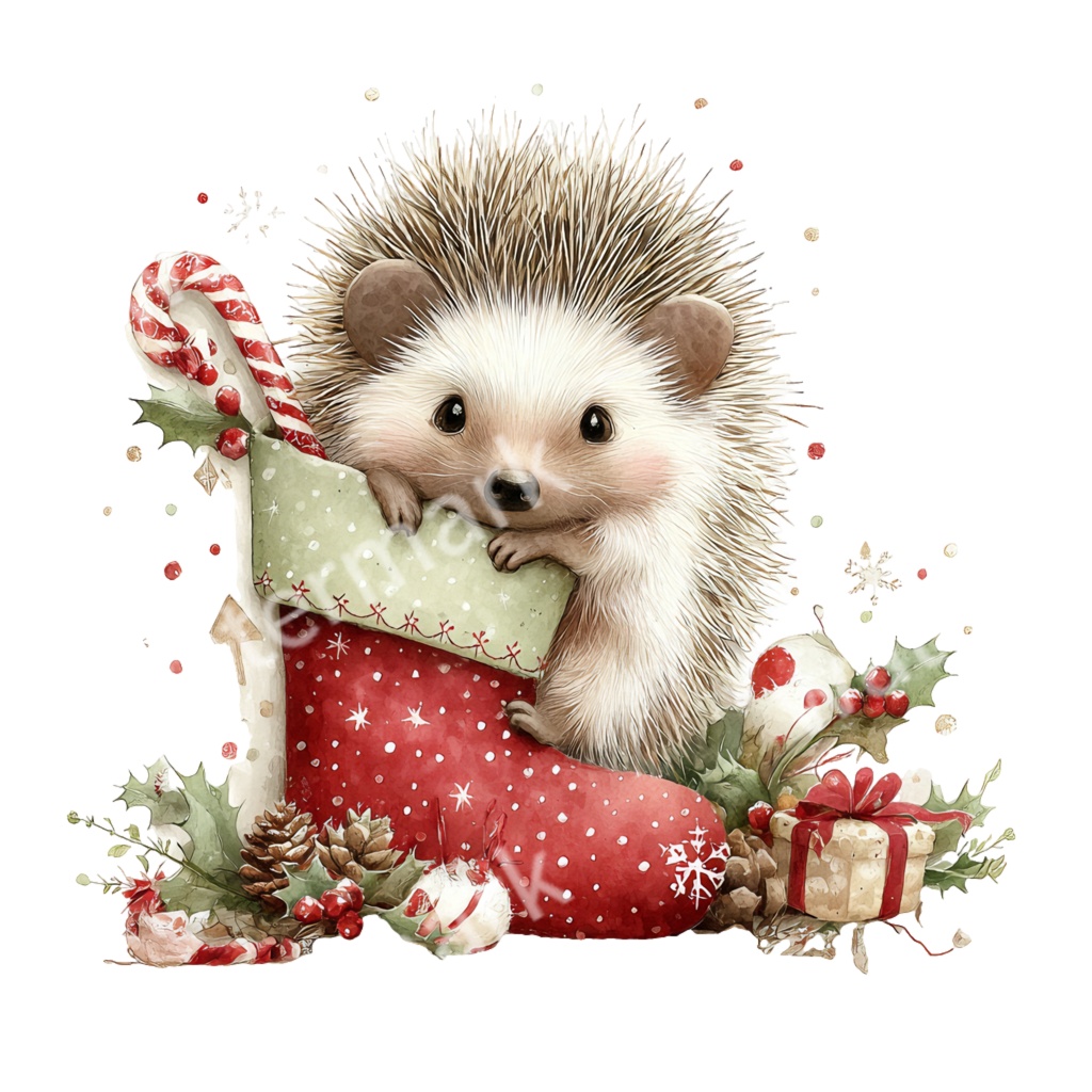 【商用利用OK】クリスマスハリネズミクリップアートPNG32点セット|水彩冬の動物素材・ジャンクジャーナル向け