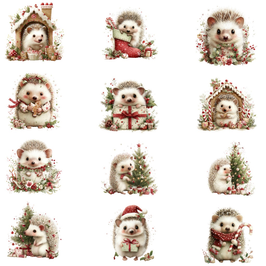 【商用利用OK】クリスマスハリネズミクリップアートPNG32点セット|水彩冬の動物素材・ジャンクジャーナル向け