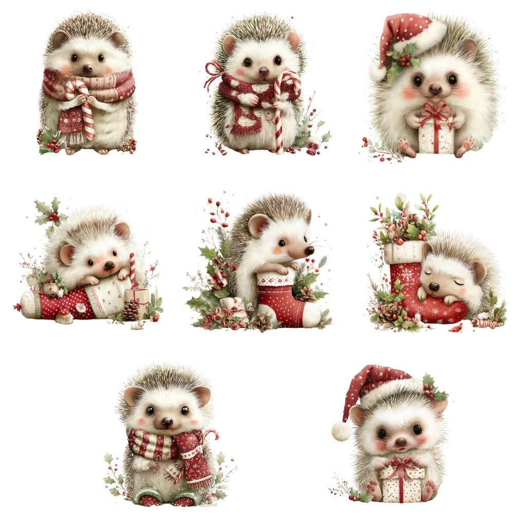 【商用利用OK】クリスマスハリネズミクリップアートPNG32点セット|水彩冬の動物素材・ジャンクジャーナル向け