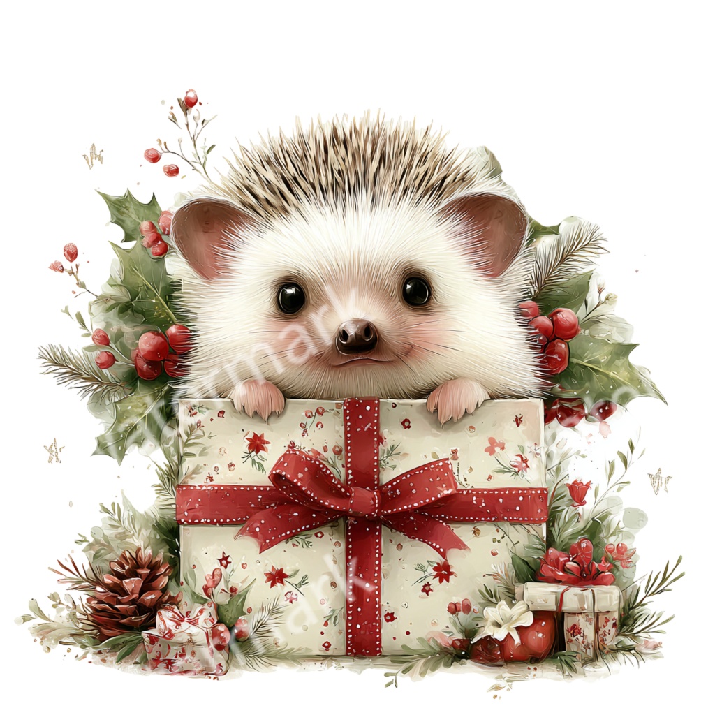 【商用利用OK】クリスマスハリネズミクリップアートPNG32点セット|水彩冬の動物素材・ジャンクジャーナル向け