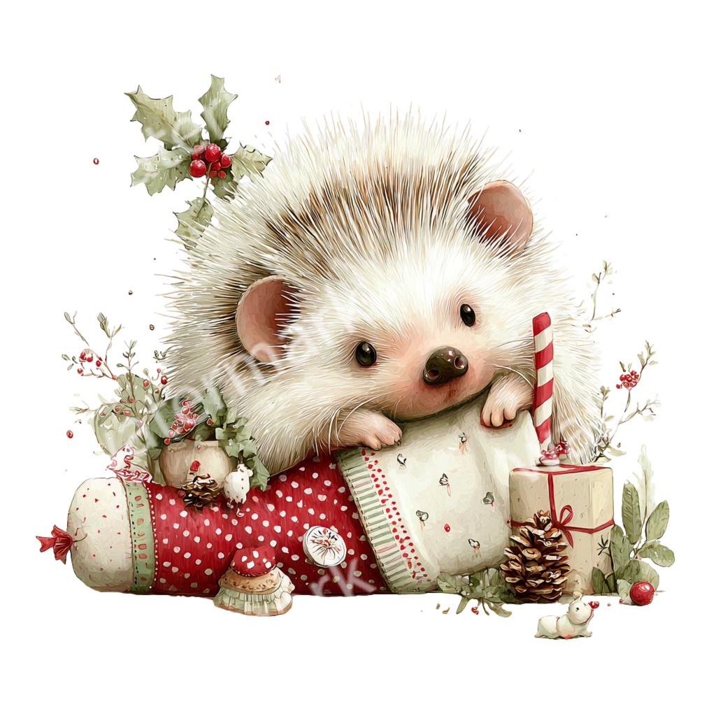 【商用利用OK】クリスマスハリネズミクリップアートPNG32点セット|水彩冬の動物素材・ジャンクジャーナル向け