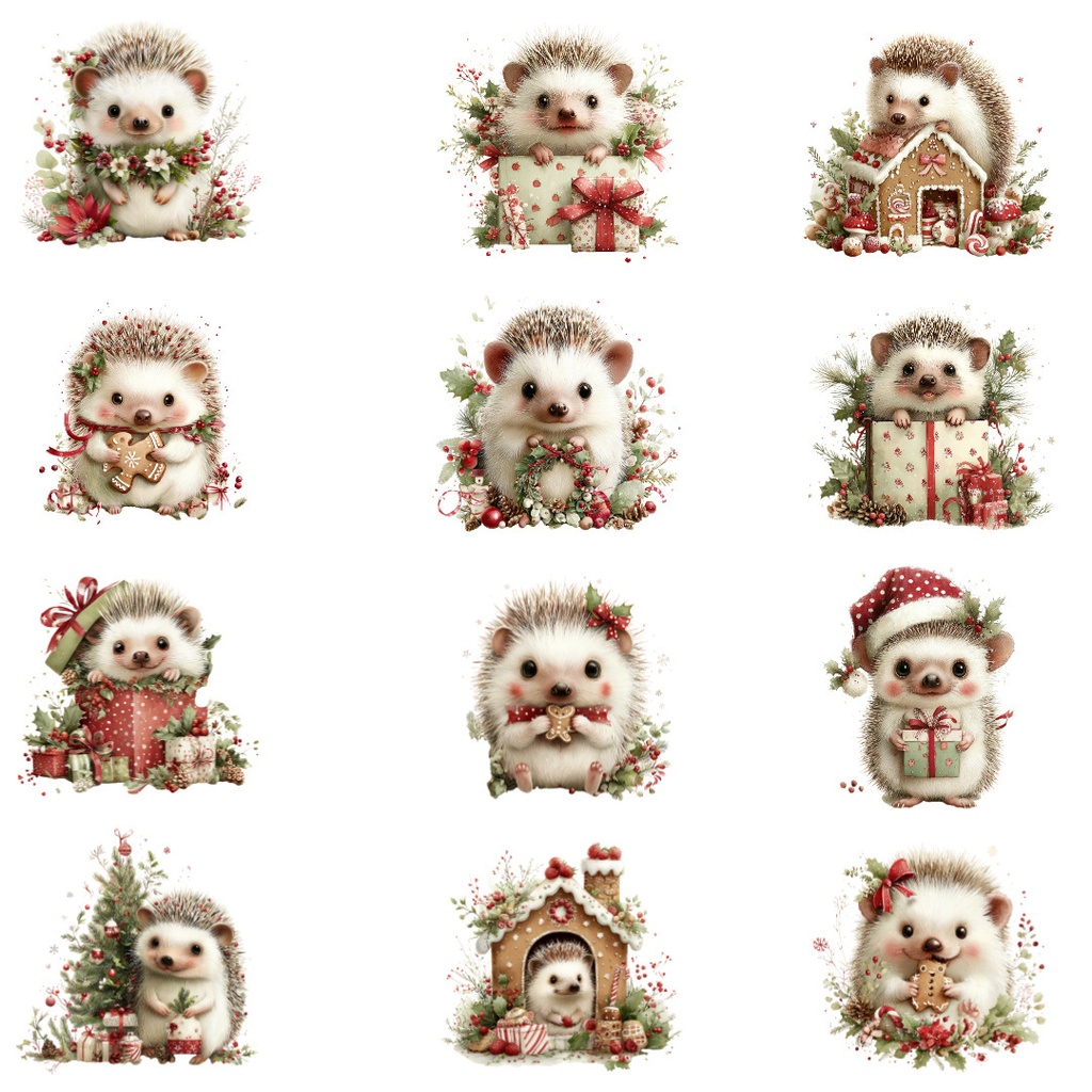 【商用利用OK】クリスマスハリネズミクリップアートPNG32点セット|水彩冬の動物素材・ジャンクジャーナル向け