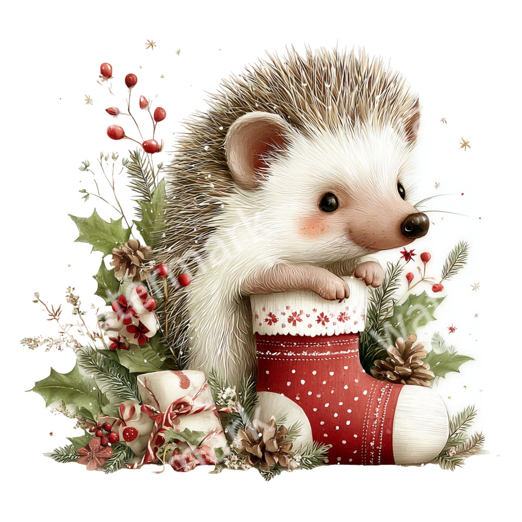 【商用利用OK】クリスマスハリネズミクリップアートPNG32点セット|水彩冬の動物素材・ジャンクジャーナル向け