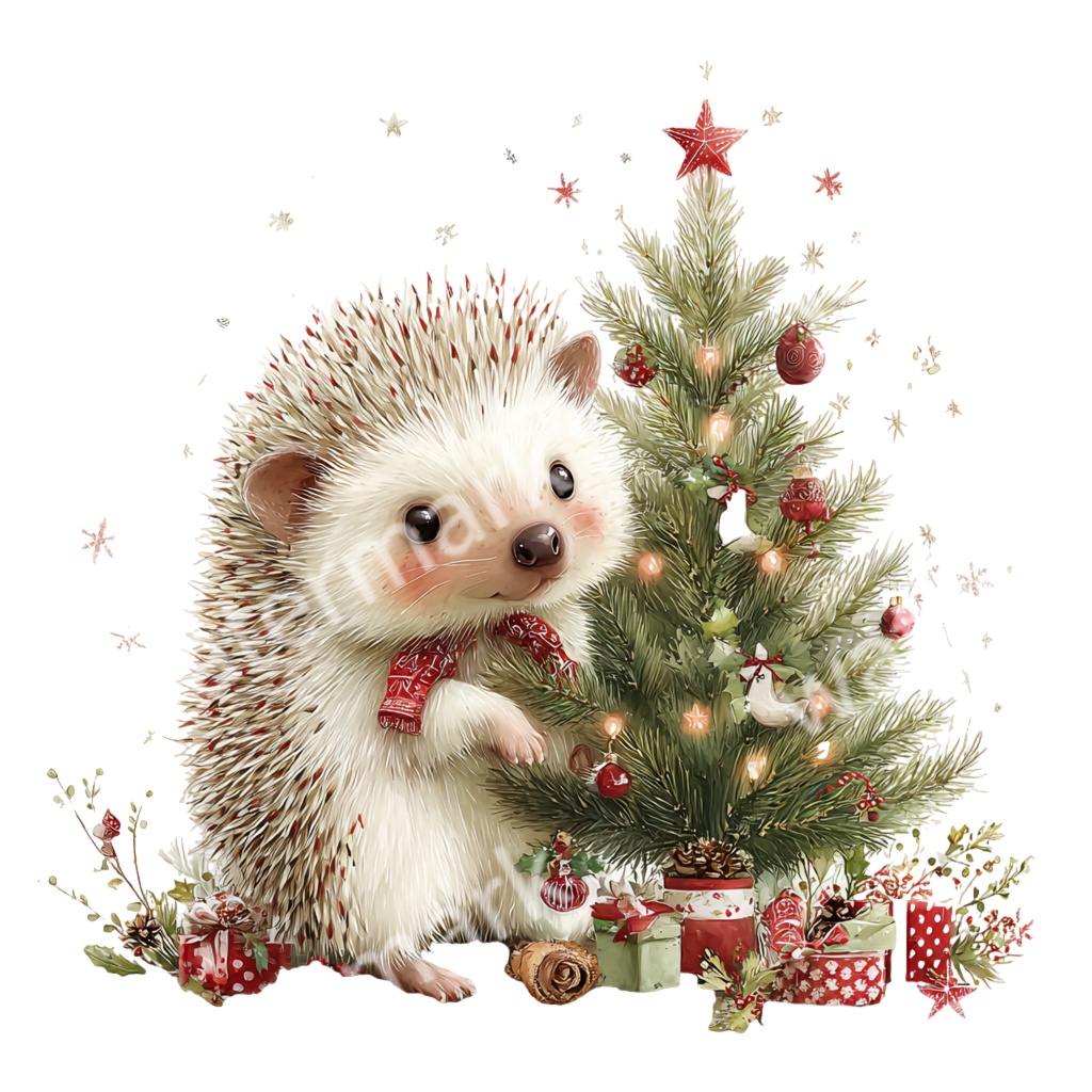 【商用利用OK】クリスマスハリネズミクリップアートPNG32点セット|水彩冬の動物素材・ジャンクジャーナル向け