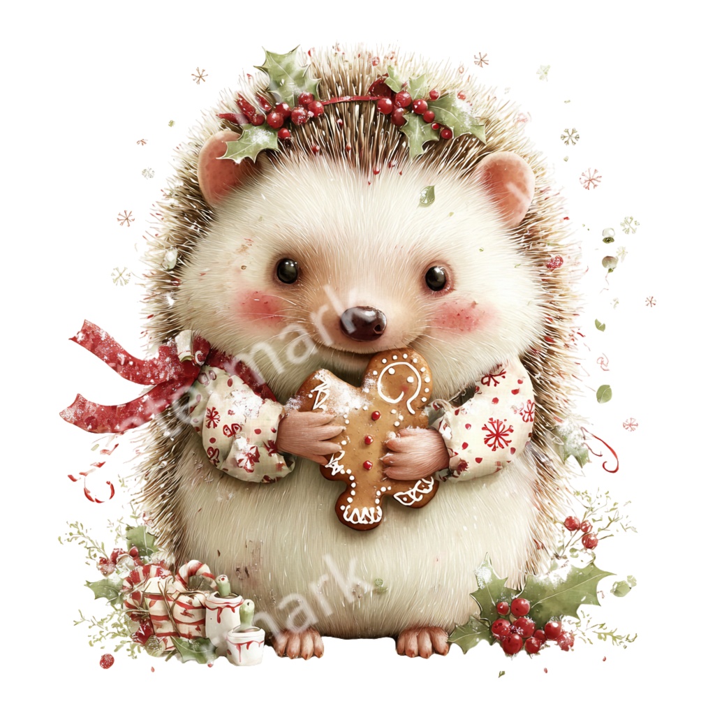 【商用利用OK】クリスマスハリネズミクリップアートPNG32点セット|水彩冬の動物素材・ジャンクジャーナル向け